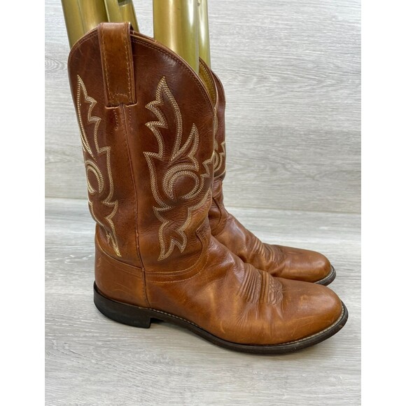 Justin 3197 Men's 9.5 D Tan Leather Roper Western Cowboy Boots Made In Mexico - Picture 1 of 14